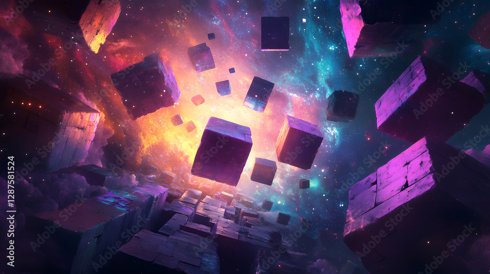 Canvas Prints colorful abstract space scene filled with floating cubes and stars in a vibrant cosmic background