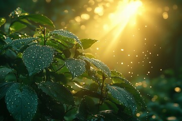 A sunbeam filtering through dense forest leaves, illuminating morning dew