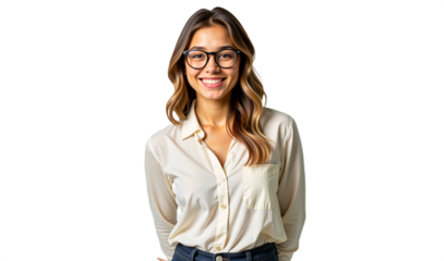 Smiling young businesswoman portrait with glasses, isolated on transparent background. Cheerful, approachable for business, education, website avatars. Studio shot, bright lighting.