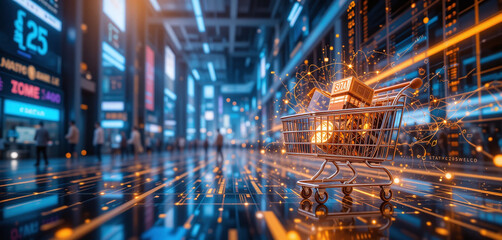 Fototapeta premium A futuristic digital marketplace with real-time global transactions and a glowing shopping cart concept visualizing seamless online purchases.