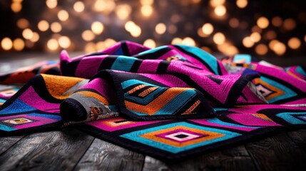 Colorful textile draped artistically on a wooden surface, with a blurred bokeh background