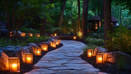 Fototapeta premium Evening garden path with lanterns