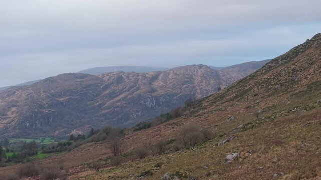 Mountain Ranges On A Beautiful Landscape Of County Kerry In Ireland. Aerial Drone Shot