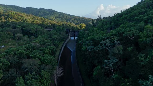 Flying Towards The Hatillo Dam, Largest Fresh Water Lake Reservoir In Cotui, Sanchez Ramirez Province, Dominican Republic. - aerial shot