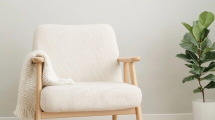 Beige armchair with knit throw, modern interior design
