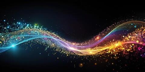 Obraz premium Abstract cosmic wave of shimmering stardust and vibrant light particles flowing across a dark background.