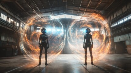 Fototapeta premium Futuristic beings with glowing energy fields in a vast industrial space environment