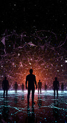 Obraz premium Silhouetted figures stand prominently within a vast networked digital world we navigate today.