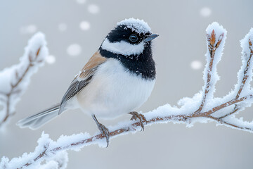 Naklejka premium A tiny bird, its feathers fluffed up against the cold, perches delicately on a snow-covered branch