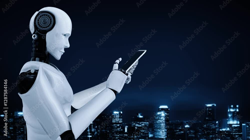 Poster robot hominoid use mobile phone or tablet for global network connection using ai thinking brain , ar