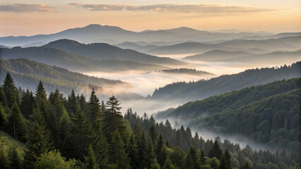 A breathtaking mountain landscape with a misty lake, lush greenery, and golden sunlight creating a peaceful ambiance.
