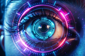 Futuristic digital eye lens with a glowing world and network interface