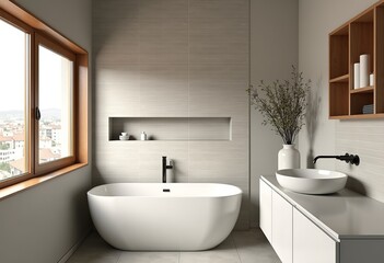 Experience Serenity: A Modern Bathroom Featuring Olive Green and Cream Mosaic Tiles, Matte Black Fixtures, Lush Vertical Garden, and Frosted Glass Window.

