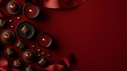 Fototapeta premium Romantic Valentine s Day Background Red Candles Chocolates Ribbon