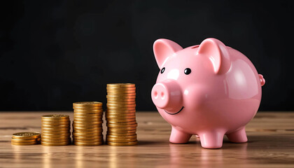 A piggy bank with stack of coins placed on wooden surface Money saving and financial growth, investment, Money Saving for Future 