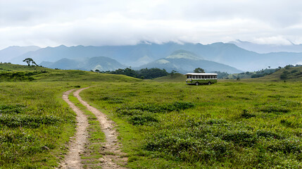 Obraz premium Serene Green Grassland Landscape with Distant Mountains under an Overcast Sky