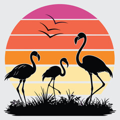 Sunset in bold retro colors with silhouettes of flamingos standing near the water design vector art and illustration