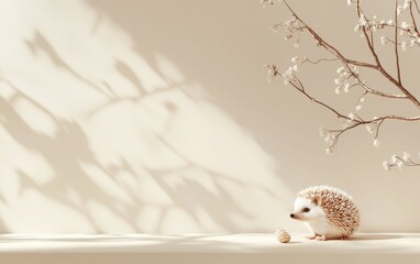 Obraz premium Hedgehog on a soft beige 3D background minimalistic mockup with space for text