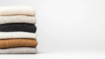 Stack of folded cashmere sweaters on white background. Lifestyle, e-commerce product photography