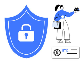 Large blue shield with lock, woman holding Bitcoin symbol and shopping bags, BTC icon, ideal for security, e-commerce, cryptocurrency, fintech, online shopping, digital payments blockchain