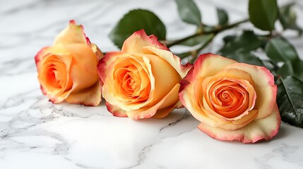 Obraz premium Three orange roses on marble, romantic setting, perfect for Valentine's Day cards