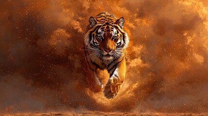 A majestic tiger charging through a cloud of dust, showcasing its power and grace in the wild.