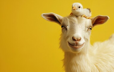 Obraz premium Laughing goat with a tiny chick on its back on a golden yellow background Easter