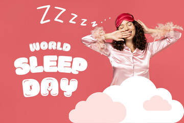 World Sleep Day, happy sleepy woman in pajamas on pink background, with text