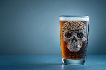 Glass of soda with bubbles forming shape of a skull, symbolizing health risks associated with sugary drinks, represents dangers of excessive soda consumption, including obesity, diabetes, dental issue