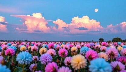 Fototapeta premium A whimsical and vibrant field of multicolored flowers stretches towards a serene twilight sky, where fluffy clouds catch the soft light of the setting sun