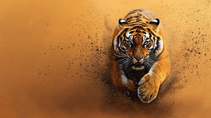 A powerful tiger running through the dust, showcasing its energy and strength in a vibrant setting.