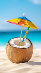 Tropical coconut drink on beach, ocean background, summer vacation