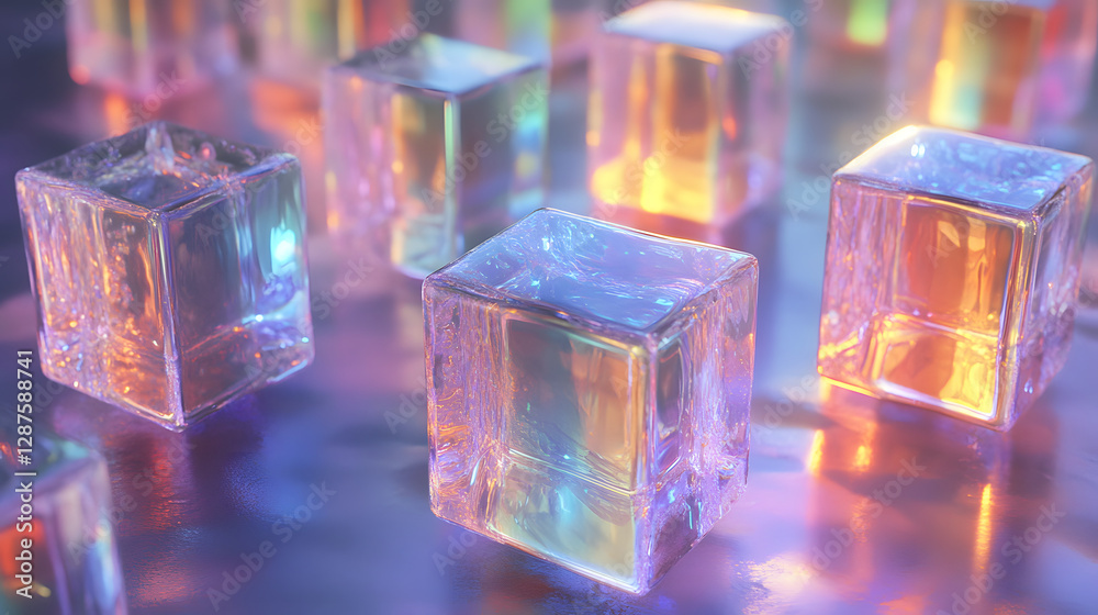 Poster group of colorful glass blocks arranged in various patterns on a flat surface