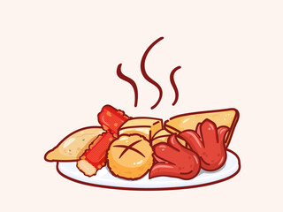 Deep fried meatballs logo cartoon design. 
Look-chin-tod street food Thailand. Hand drawn vector illustration premium.