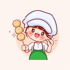 Cute chef presenting deep fried meatballs logo cartoon design. Look-chin-tod street food Thailand. Hand drawn vector illustration premium.