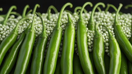 Fototapeta premium A vibrant display of fresh green chilies arranged neatly, showcasing their glossy texture against a backdrop of light green seeds.