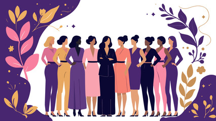 International Women's Day illustration with diverse group of women and floral elements