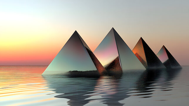 Three pyramids floating on water during a vibrant sunset with reflection and calm waves