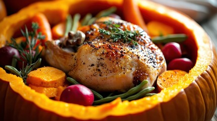 Roast chicken nestled in a carved pumpkin, surrounded by vibrant vegetables and herbs