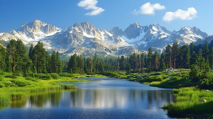 Fototapeta premium Serene mountain landscape featuring a tranquil lake surrounded by lush greenery and towering peaks