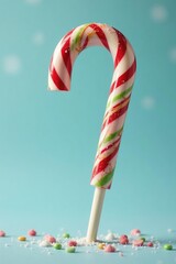 Fototapeta premium A Christmas lollipop cane with colorful stripes, sweet treat, lollipop, festive