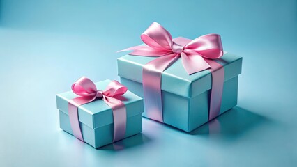 Obraz premium Pastel Blue Gift Boxes with Delicate Pink Ribbons on a Light Blue Background