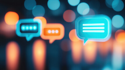 Glowing blue and orange chat bubbles with blurred background create vibrant digital communication atmosphere