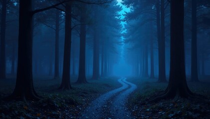 Fototapeta premium A dark forest with a serpentine path of twinkling blue stars, dark forest, starlight, mysterious