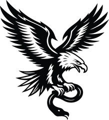 Eagle gripping a snake silhouette vector art, Eagle gripping a snake black line art vector illustration, Eagle gripping a snake isolated vector icon design