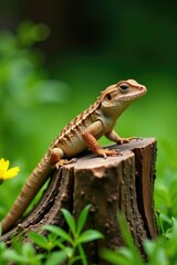 Fototapeta premium Brown lizard basks on weathered tree stump in garden, clover, California, lizard