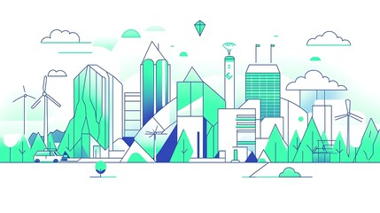 Fototapeta premium Line art illustration of an eco-friendly city with solar panels, wind turbines, and electric vehicles