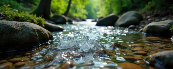 Bubbly clear water emerging from rocky ground, forest, earthy scent, wilderness