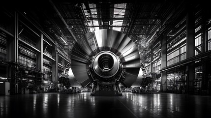 Jet Engine Turbine Assembly in Manufacturing Plant, Industrial Monochrome Image