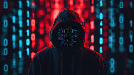 mysterious figure in hoodie with digital face, surrounded by binary code. atmosphere is dark and tech inspired, evoking intrigue and secrecy